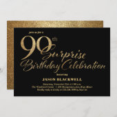 サプライズ90誕生祝いブラック&金ゴールド 招待状 (正面/裏面)