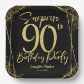 サプライズ90thバースデーパーティブラック&金ゴールドグリッター ペーパープレート (正面)