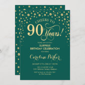 サプライズ90thバースデーパーティー – エメラルドグリーン金ゴールド 招待状 (正面/裏面)