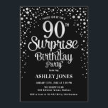 サプライズ90thバースデーパーティー – シルバー&ブラック 招待状<br><div class="desc">90th Birthday Party Invitation（誕生日パーティーへの招待）エレガントデザインは黒とグリッター銀でフェイクす。スクリプトスタイリッシュのフォントと紙吹雪の機能。メッセージもしメッセージはカスタム年齢。</div>
