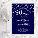 サプライズ90thバースデーパーティー – ネイビーシルバー 招待状<br><div class="desc">90th Birthday Party Invitation（誕生日パーティーへの招待）ネイビーエレガントブルーとグリッターシルバーのフェイクデザイン。スクリプトフォントとダイヤモンド紙吹雪の機能。応援90年！メッセージもしの詳細なカスタマイズが必要。</div>