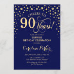 サプライズ90thバースデーパーティー – ネイビーブルー金ゴールド 招待状<br><div class="desc">90th Birthday Party Invitation（誕生日パーティーへの招待）ネイビーエレガントブルーとグリッター金ゴールドのフェイクデザイン。スクリプトフォントとダイヤモンド紙吹雪の機能。応援90年！メッセージもしの詳細なカスタマイズが必要。</div>