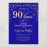 サプライズ90thバースデーパーティー – ブルー王室の金ゴールド 招待状<br><div class="desc">90th Birthday Party Invitation（誕生日パーティーへの招待）サファイヤエレガントブルーと王室のグリッター金ゴールドの中のフェイクデザイン。スクリプトフォントとダイヤモンド紙吹雪の機能。応援90年！メッセージもしの詳細なカスタマイズが必要。</div>