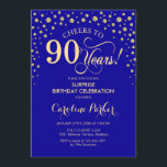 サプライズ90thバースデーパーティー – ブルー王室の金ゴールド 招待状<br><div class="desc">90th Birthday Party Invitation（誕生日パーティーへの招待）サファイヤエレガントブルーと王室のグリッター金ゴールドの中のフェイクデザイン。スクリプトフォントとダイヤモンド紙吹雪の機能。応援90年！メッセージもしの詳細なカスタマイズが必要。</div>