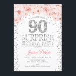 サプライズ90thバースデーパーティー – ホワイトシルバーピンク 招待状<br><div class="desc">90th Birthday Party Invitation（誕生日パーティーへの招待）エレガントグリッター銀フェイク白とピンクのデザイン。特徴紙吹雪、スクリプトフォントと水色赤面ピンクの花。メッセージもしの詳細なカスタマイズが必要。</div>
