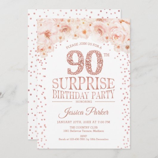 サプライズ90thバースデーパーティー – ホワイトローズ金ゴールド 招待状 (正面/裏面)