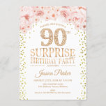 サプライズ90thバースデーパーティー – ホワイト金ゴールドピンク 招待状<br><div class="desc">90th Birthday Party Invitation（誕生日パーティーへの招待）エレガントグリッター金ゴールドフェイクのデザイン、白とピンク。特徴紙吹雪、スクリプトフォントと水色赤面ピンクの花。メッセージもしの詳細なカスタマイズが必要。</div>