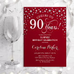 サプライズ90thバースデーパーティー – レッドシルバー 招待状<br><div class="desc">90th Birthday Party Invitation（誕生日パーティーへの招待）赤エレガントとグリッター銀のフェイクデザイン。スクリプトフォントとダイヤモンド紙吹雪の機能。応援90年！メッセージもしの詳細なカスタマイズが必要。</div>