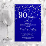 サプライズ90thバースデーパーティー – 王室の Blue Silver 招待状<br><div class="desc">90th Birthday Party Invitation（誕生日パーティーへの招待）青エレガントと王室のグリッター銀のフェイクデザイン。スクリプトフォントとダイヤモンド紙吹雪の機能。応援90年！メッセージもしの詳細なカスタマイズが必要。</div>