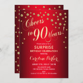 サプライズ90thバースデーパーティー – 赤金ゴールド 招待状 (正面/裏面)