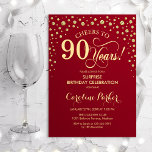 サプライズ90thバースデーパーティー – 赤金ゴールド 招待状<br><div class="desc">90th Birthday Party Invitation（誕生日パーティーへの招待）暗エレガント赤のデザインとフェイクグリッター金ゴールド。スクリプトフォントとダイヤモンド紙吹雪の機能。応援90年！メッセージもしの詳細なカスタマイズが必要。</div>