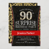サプライズ90thバースデーパーティー – 金ゴールドブラック赤 招待状 (正面/裏面)