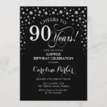 サプライズ90thバースデーパーティー – Black Silver 招待状<br><div class="desc">90th Birthday Party Invitation（誕生日パーティーへの招待）エレガントデザインは黒とグリッター銀でフェイクす。スクリプトフォントとダイヤモンド紙吹雪の機能。応援90年！メッセージもしの詳細なカスタマイズが必要。</div>