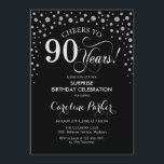 サプライズ90thバースデーパーティー – Black Silver 招待状<br><div class="desc">90th Birthday Party Invitation（誕生日パーティーへの招待）エレガントデザインは黒とグリッター銀でフェイクす。スクリプトフォントとダイヤモンド紙吹雪の機能。応援90年！メッセージもしの詳細なカスタマイズが必要。</div>