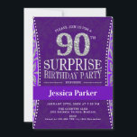 サプライズ90thバースデーパーティー – Silver Purple 招待状<br><div class="desc">女性や男性のための90th誕生日パーティーの招待。エレガントグリッター銀フェイクと紫のデザイン。スクリプトフォントとダイヤモンド番号を特徴とする。マイルストーンのスタイリッシュ驚きの日お祝いに最適。</div>
