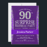 サプライズ90thバースデーパーティー – Silver Purple 招待状<br><div class="desc">女性や男性のための90th誕生日パーティーの招待。エレガントグリッター銀フェイクと紫のデザイン。スクリプトフォントとダイヤモンド番号を特徴とする。マイルストーンのスタイリッシュ驚きの日お祝いに最適。</div>