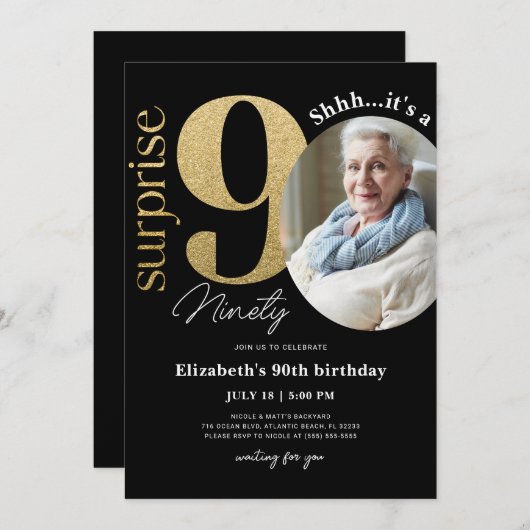サプライズ90thブラック金ゴールド誕生日招待状写真 招待状 (正面/裏面)