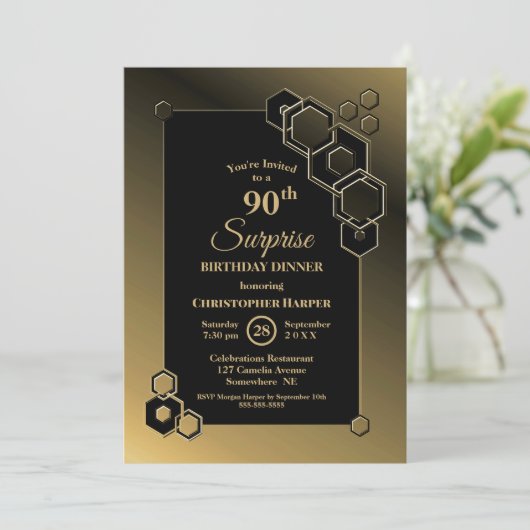 サプライズ90th誕生日ディナーブラック金ゴールド 招待状 (スタンド正面)