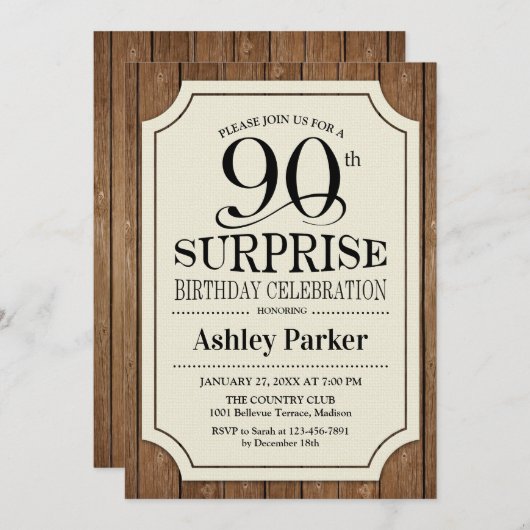 サプライズ90th誕生日パーティーウッドパターン 招待状 (正面/裏面)