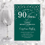 サプライズ90th誕生日パーティー – グリーンシルバー 招待状<br><div class="desc">90th Birthday Party Invitation（誕生日パーティーへの招待）エメラルドエレガントグリーンとグリッターシルバーのフェイクデザイン。スクリプトフォントとダイヤモンド紙吹雪の機能。応援90年！メッセージもしの詳細なカスタマイズが必要。</div>