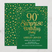 サプライズ90th誕生日パーティー – グリーン&金ゴールド 招待状 (正面/裏面)