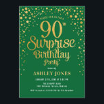 サプライズ90th誕生日パーティー – グリーン&金ゴールド 招待状<br><div class="desc">90th Birthday Party Invitation（誕生日パーティーへの招待）エレガントデザインの森の緑とフェイクグリッター金ゴールド。スクリプトスタイリッシュのフォントと紙吹雪の機能。メッセージもしメッセージはカスタム年齢。</div>