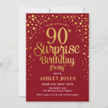 サプライズ90th誕生日パーティー – 赤と金ゴールド 招待状<br><div class="desc">90th Birthday Party Invitation（誕生日パーティーへの招待）暗エレガント赤のデザインとフェイクグリッター金ゴールド。スクリプトスタイリッシュのフォントと紙吹雪の機能。メッセージもしメッセージはカスタム年齢。</div>