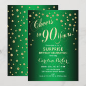 サプライズ90th誕生日パーティー – 金ゴールドグリーン 招待状 (正面/裏面)