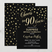 サプライズ90th誕生日パーティー – 金ゴールドブラック 招待状 (正面/裏面)