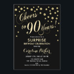 サプライズ90th誕生日パーティー – 金ゴールドブラック 招待状<br><div class="desc">サプライズ90thバースデーパーティー招エレガント待デザインとフェイクグリッター金ゴールドと黒。機能スクリプトフォントと紙吹雪。応援90年！メッセージもしメッセージの年齢がカスタム必要だ。</div>