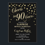 サプライズ90th誕生日パーティー – 金ゴールドブラック 招待状<br><div class="desc">サプライズ90thバースデーパーティー招エレガント待デザインとフェイクグリッター金ゴールドと黒。機能スクリプトフォントと紙吹雪。応援90年！メッセージもしメッセージの年齢がカスタム必要だ。</div>