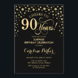 サプライズ90th誕生日パーティー – 金ゴールドブラック 招待状<br><div class="desc">90th Birthday Party Invitation（誕生日パーティーへの招待）黒エレガントデザインとグリッターフェイク金ゴールド。スクリプトフォントとダイヤモンド紙吹雪の機能。応援90年！メッセージもしの詳細なカスタマイズが必要。</div>