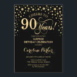 サプライズ90th誕生日パーティー – 金ゴールドブラック 招待状<br><div class="desc">90th Birthday Party Invitation（誕生日パーティーへの招待）黒エレガントデザインとグリッターフェイク金ゴールド。スクリプトフォントとダイヤモンド紙吹雪の機能。応援90年！メッセージもしの詳細なカスタマイズが必要。</div>