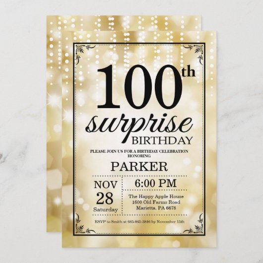 サプライズ90th誕生日招待状金ゴールドグリッター 招待状 (正面/裏面)