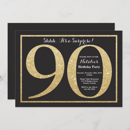サプライズ90th誕生日招待状金ゴールドグリッター 招待状 (正面/裏面)