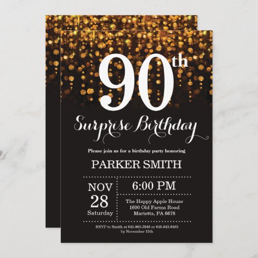 サプライズ90th誕生日招待状金ゴールドグリッター 招待状 (正面/裏面)