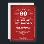サプライズ90th誕生日招待状 – 赤白 招待状<br><div class="desc">サプライズ90th誕生日パーティーの招男性へ待または女性。レトロエレガントデザインとタイポグラフィス赤と白クリプトフォント応援90年！任意のカスタマイズ年齢にすることができる。マイルストーンアダルトスタイリッシュデイサプライズお祝いに最適</div>