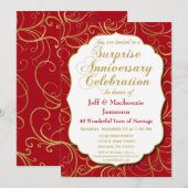 サプライズ・アニバーサリー・招待・レッド・ゴールド・スワール 招待状 (正面/裏面)