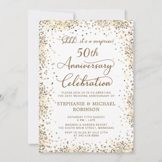 サプライズ ゴールド グリッター 50周年 結婚記念日 招待状 (正面)