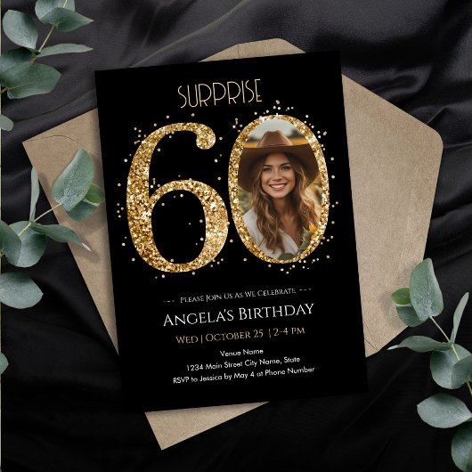 サプライズ ゴールド グリッター 60歳の誕生日 フォト 招待状