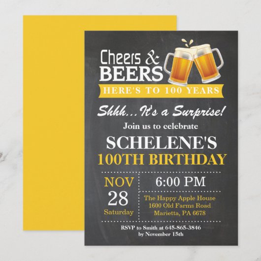 サプライズ チェアーズ アンド ビールズ 100歳の誕生日 招待状 (正面/裏面)