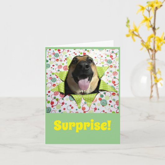 サプライズ!ドイツの羊飼い誕生日グリーティングカード カード (黄色い花)