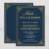 サプライズ バースデー ネイビーブルー ゴールド メンズ 34歳の誕生日 招待状 (正面/裏面)