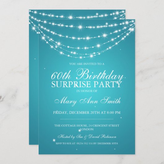 サプライズ·バースデー·パーティきらめくー·チェーンターコイズ 招待状 (正面/裏面)