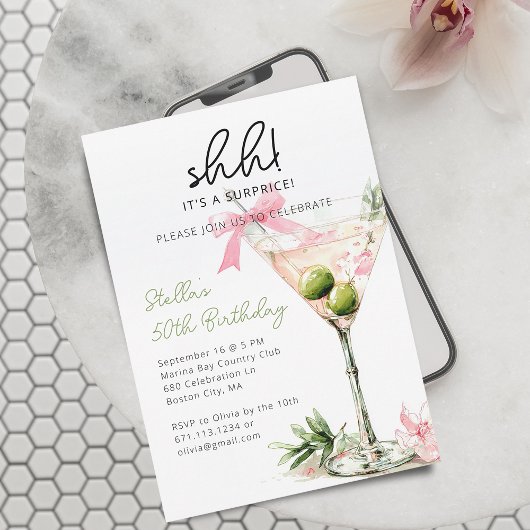 サプライズ バースデー パーティー ウォーターカラー マーティーニ グラス 招待状