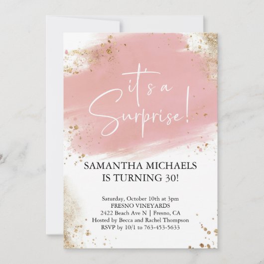 サプライズ バースデー パーティー ピンクとゴールドの水彩 招待状 (正面)