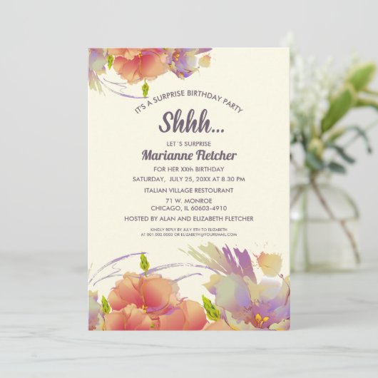 サプライズ·バースデー·パーティー。水彩フローラ招待状 招待状 (スタンド正面)