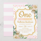 サプライズ フラワー ブラッシュ ピンク ストライプ バースデー パーティー 招待状 (正面/裏面)