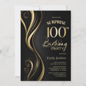 サプライズ ブラック ゴールド 100歳の誕生日パーティー 招待状 (正面)