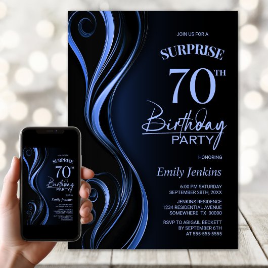 サプライズ ブラック＆ブルー 70歳の誕生日パーティー 招待状